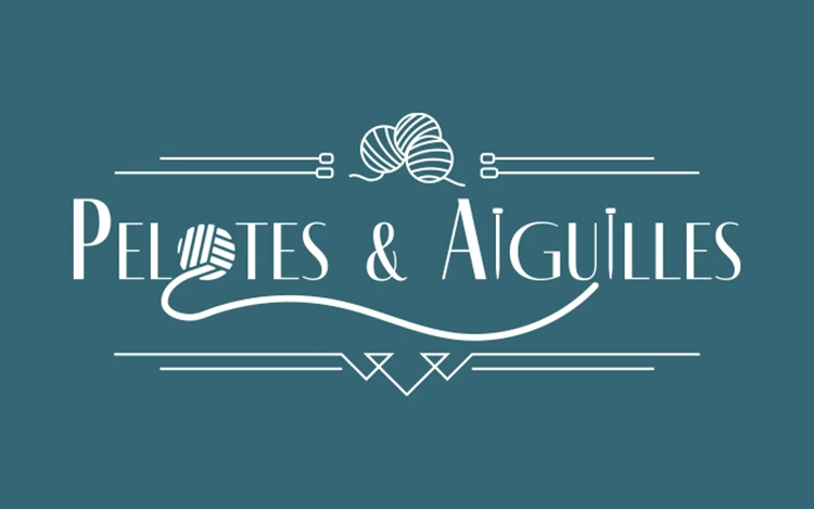 main logo of pelotes and aiguilles in white over a duck blue background