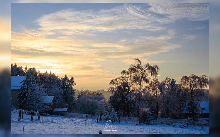 sunset on a snowy field with a watermarked logo