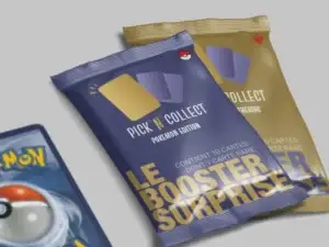 Mock-up de boosters de cartes à collectionner personnalisés Pick’N’Collect, design d’emballages inspiré des univers Pokémon et Magic