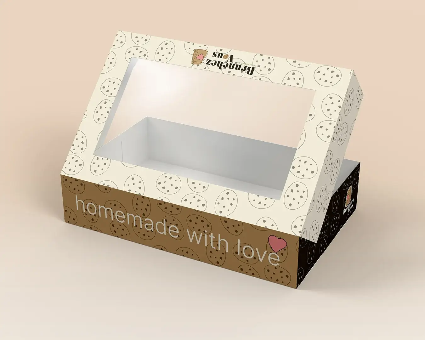 Boîte à cookies Brunchez-vous décorée de motifs de biscuits avec le slogan homemade with love.