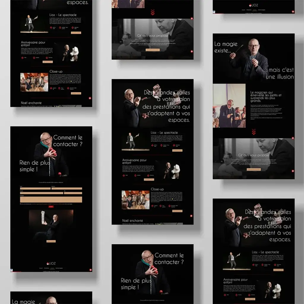 Composition de plusieurs pages du site web de Lioz, présentant les différentes sections et prestations du magicien.
