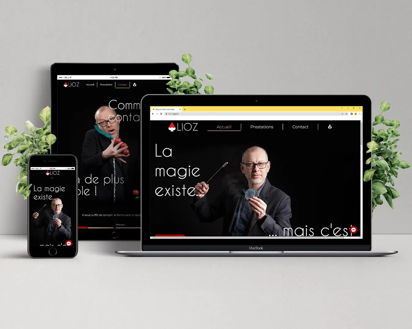 Présentation du site de Lioz sur ordinateur portable, tablette et smartphone avec fond gris clair.