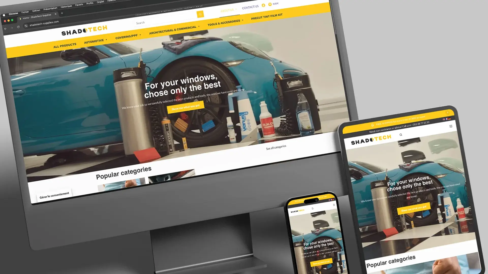 Site ShadoTech Supplies affiché sur ordinateur, tablette et smartphone