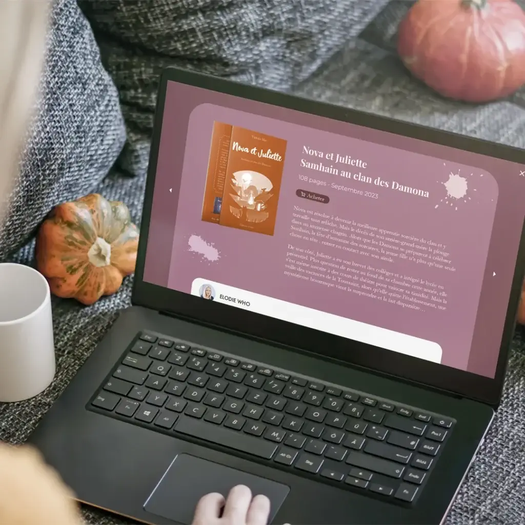 Page du site Victoria May présentant le livre Nova et Juliette sur un ordinateur portable.