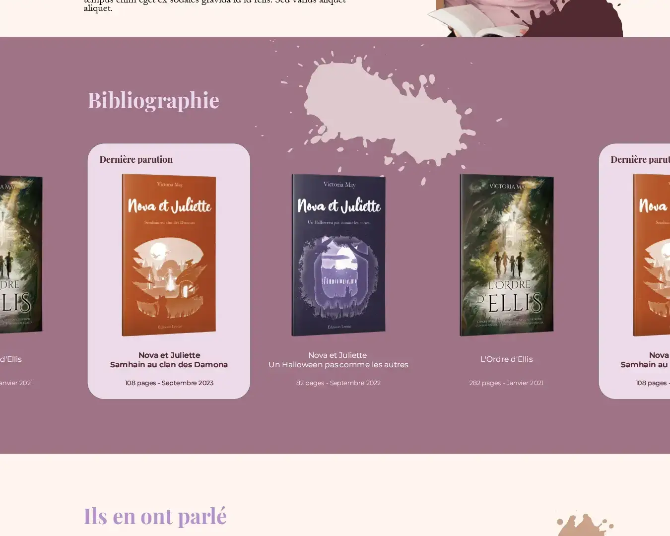 Section bibliographie du site de Victoria May présentant ses romans.