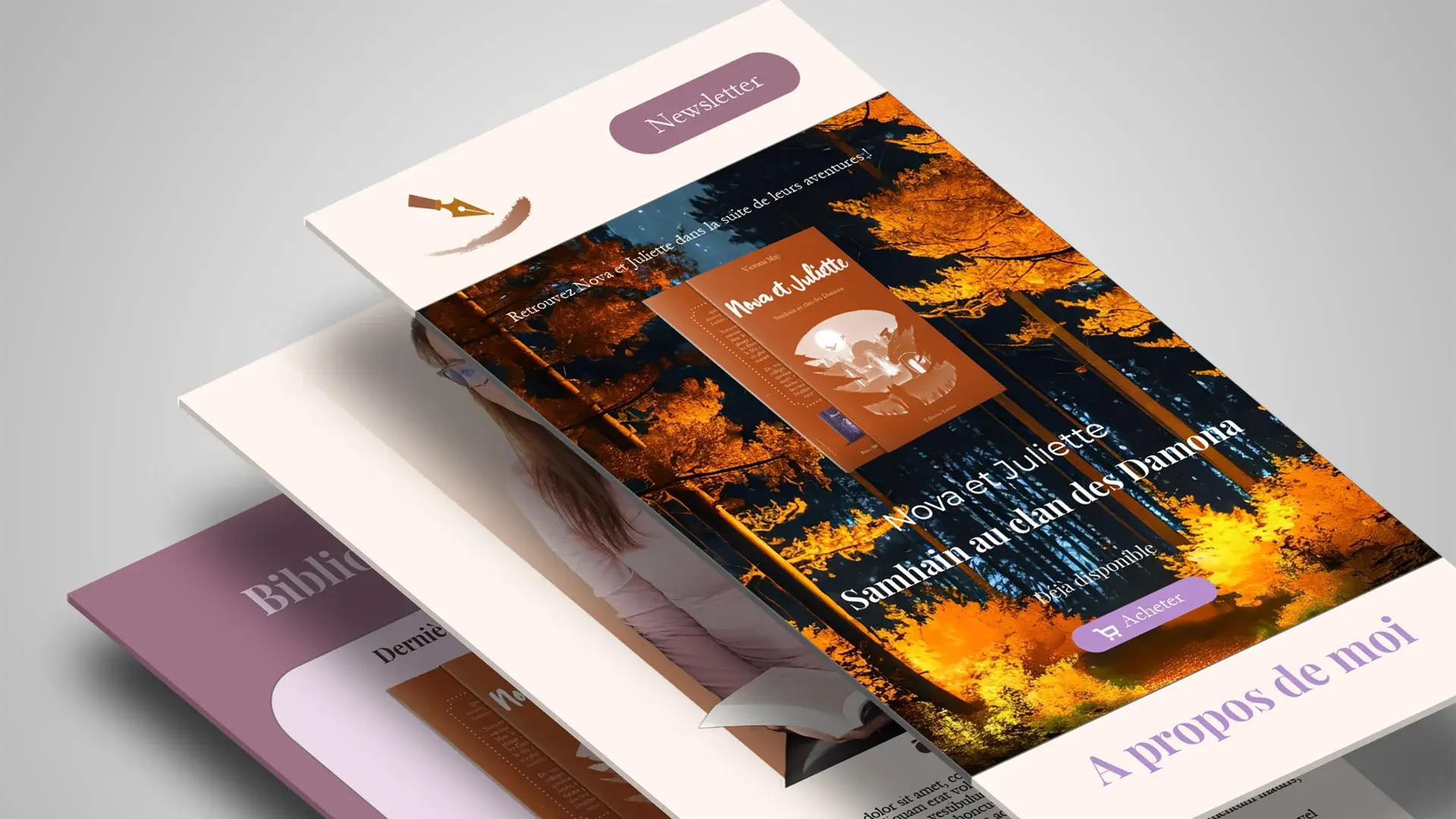 Composition 3D du site Victoria May en version mobile avec superposition de sections clés.